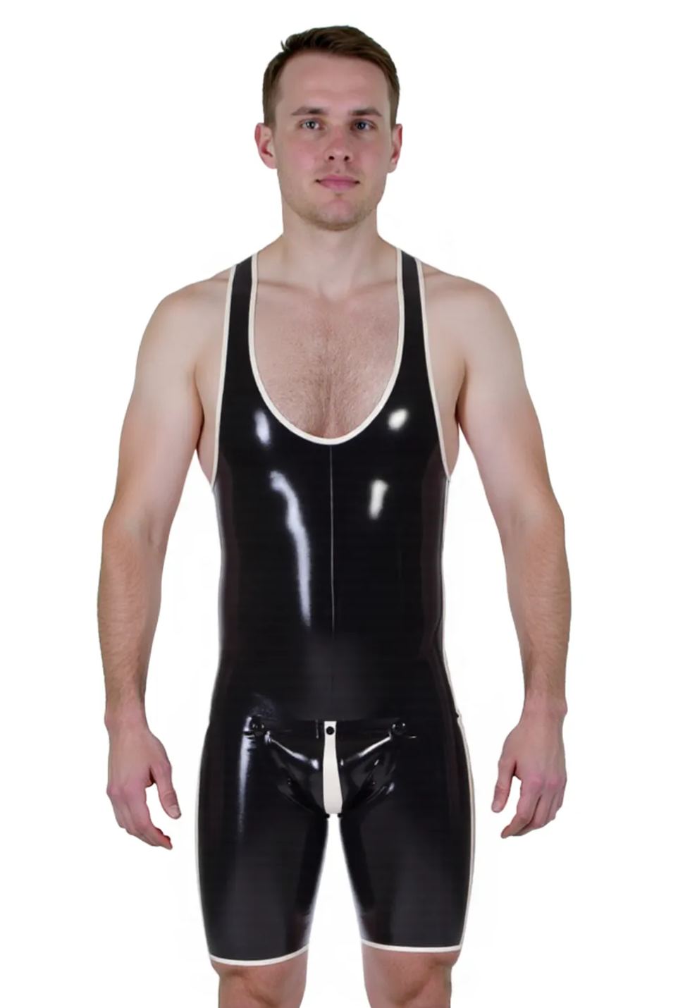 Joyglove Men's PU Leather Wrestling-Style Bodysuit – Deep U Front with White Trim