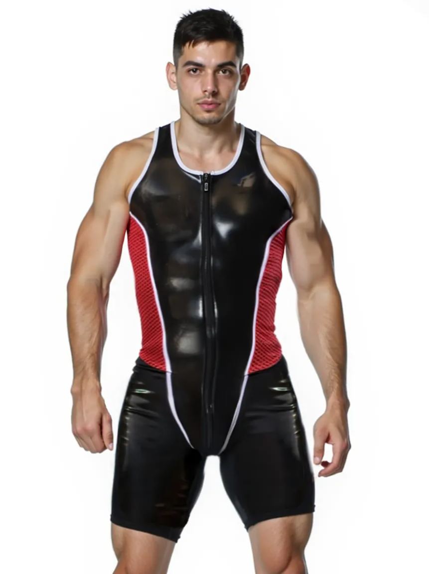 Joyglove Men’s Black PU Leather Bodysuit with Red Mesh Panels – Sleek Contrast Singlet
