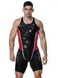 Joyglove Men’s Black PU Leather Bodysuit with Red Mesh Panels – Sleek Contrast Singlet