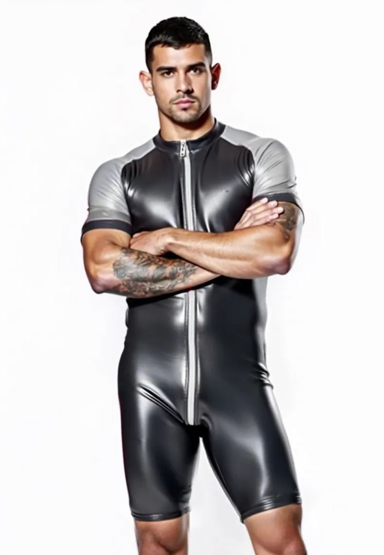 Joyglove Shiny Black & Grey PU Leather Skin-Tight Romper – Full-Body Zip Jumpsuit