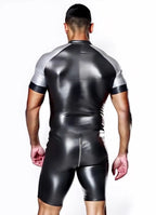 Joyglove Shiny Black & Grey PU Leather Skin-Tight Romper – Full-Body Zip Jumpsuit
