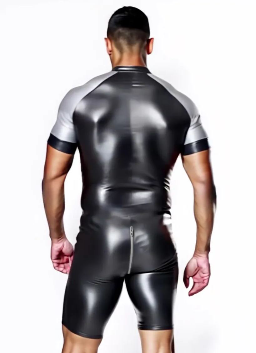 Joyglove Shiny Black & Red Skin-Tight Romper – Full-Body Zip Jumpsuit