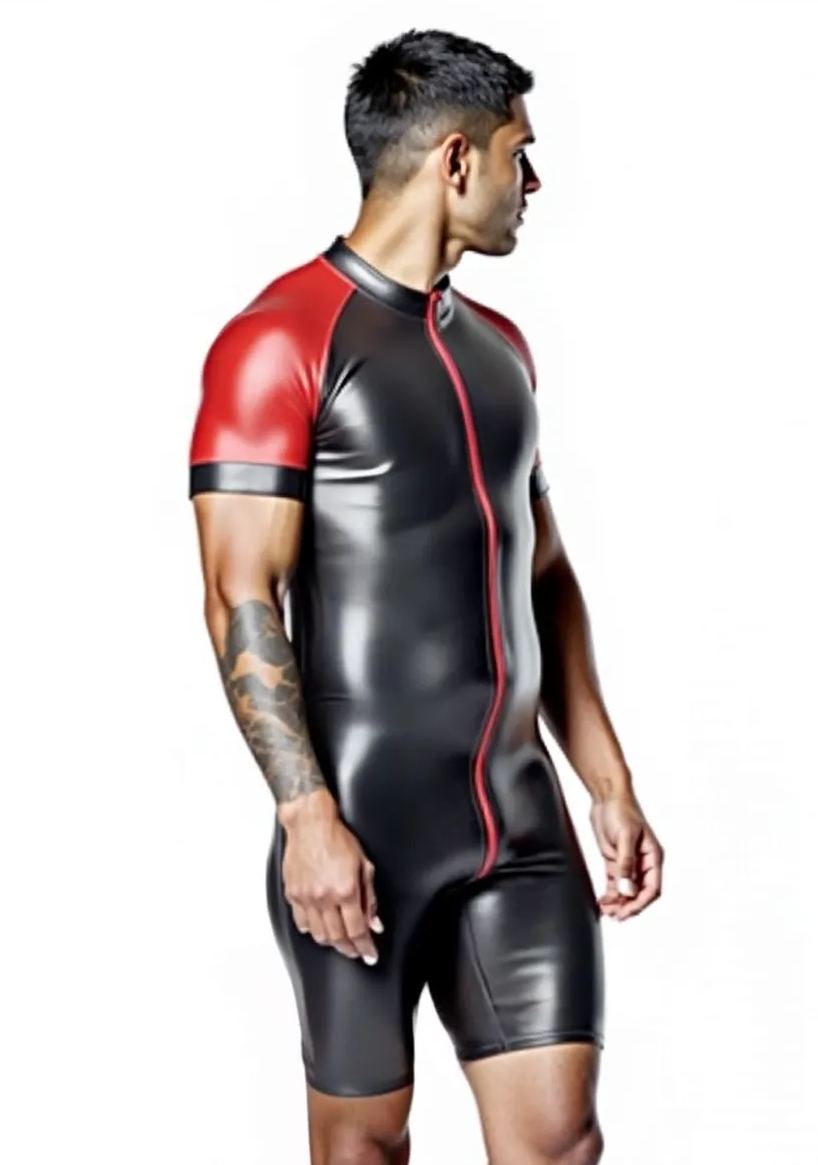 Joyglove Shiny Black & Grey PU Leather Skin-Tight Romper – Full-Body Zip Jumpsuit