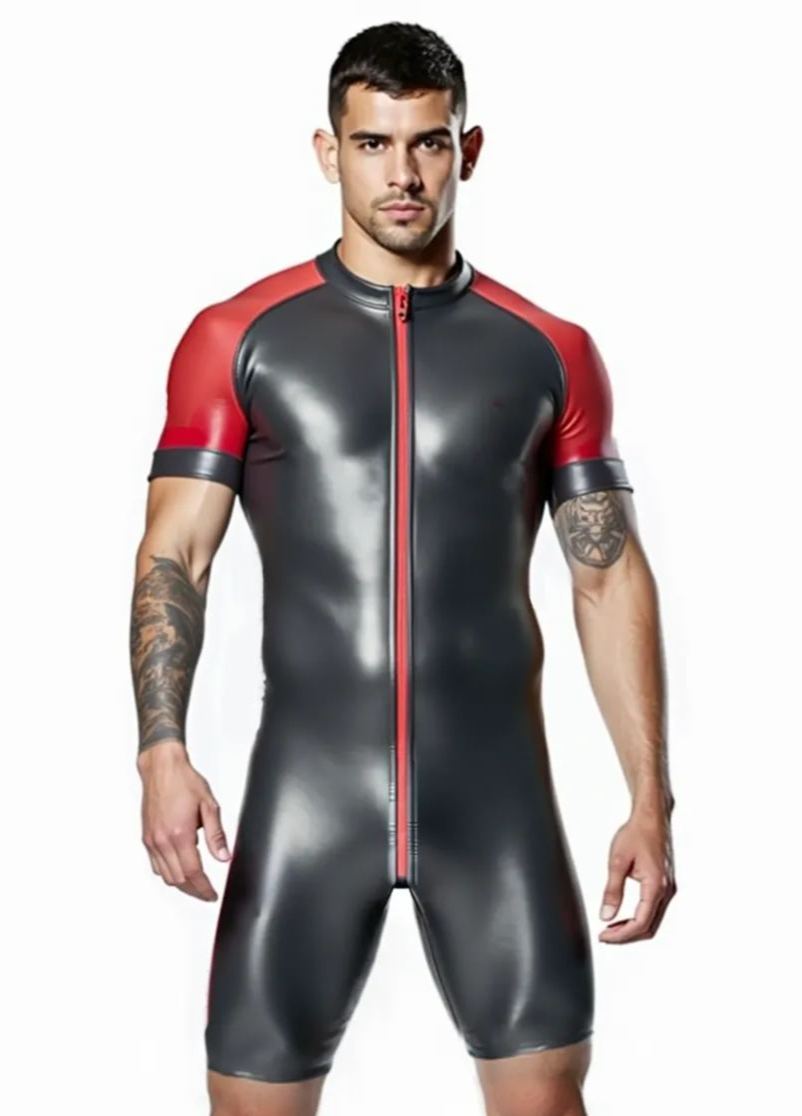 Joyglove Shiny Black & Gray Skin-Tight Romper – Full-Body Zip Jumpsuit