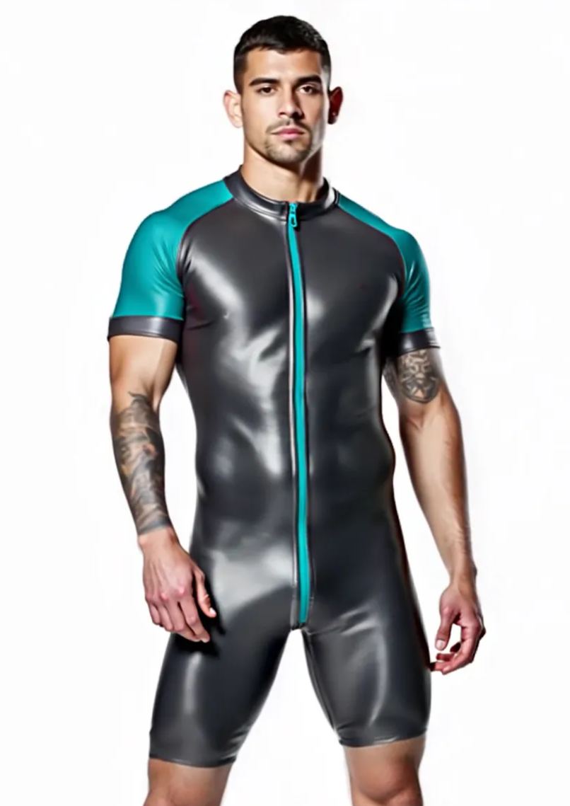 Joyglove Shiny Black & Grey PU Leather Skin-Tight Romper – Full-Body Zip Jumpsuit