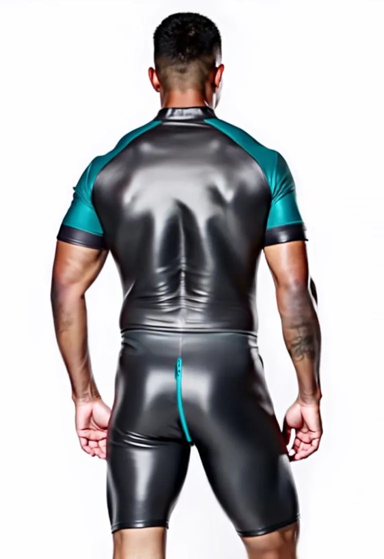 Joyglove Shiny Black & Grey PU Leather Skin-Tight Romper – Full-Body Zip Jumpsuit