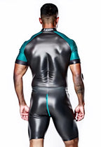 Joyglove Shiny Black & Grey PU Leather Skin-Tight Romper – Full-Body Zip Jumpsuit