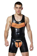Joyglove Men’s Fetish-Style Black Jumpsuit – Glossy PU Leather with Playful Orange Mesh（Bring underwear）