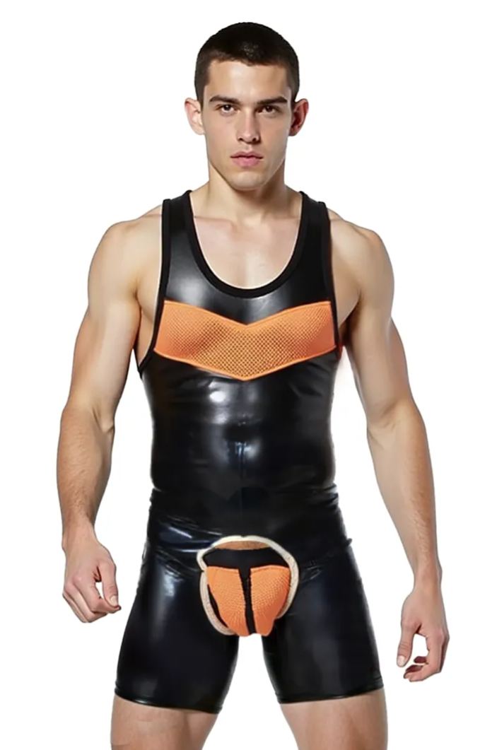 Joyglove Men’s Fetish-Style Black Jumpsuit – Glossy PU Leather with Playful Orange Mesh（Bring underwear）