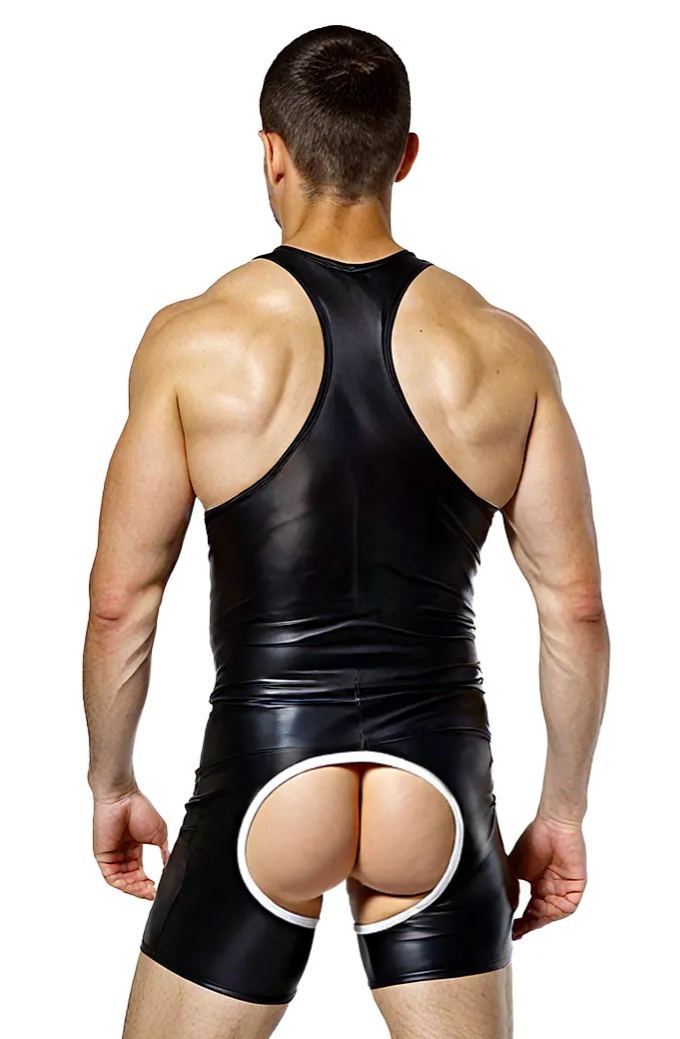 Joyglove Men’s Fetish-Style Black Jumpsuit – Glossy PU Leather with Playful Orange Mesh（Bring underwear）