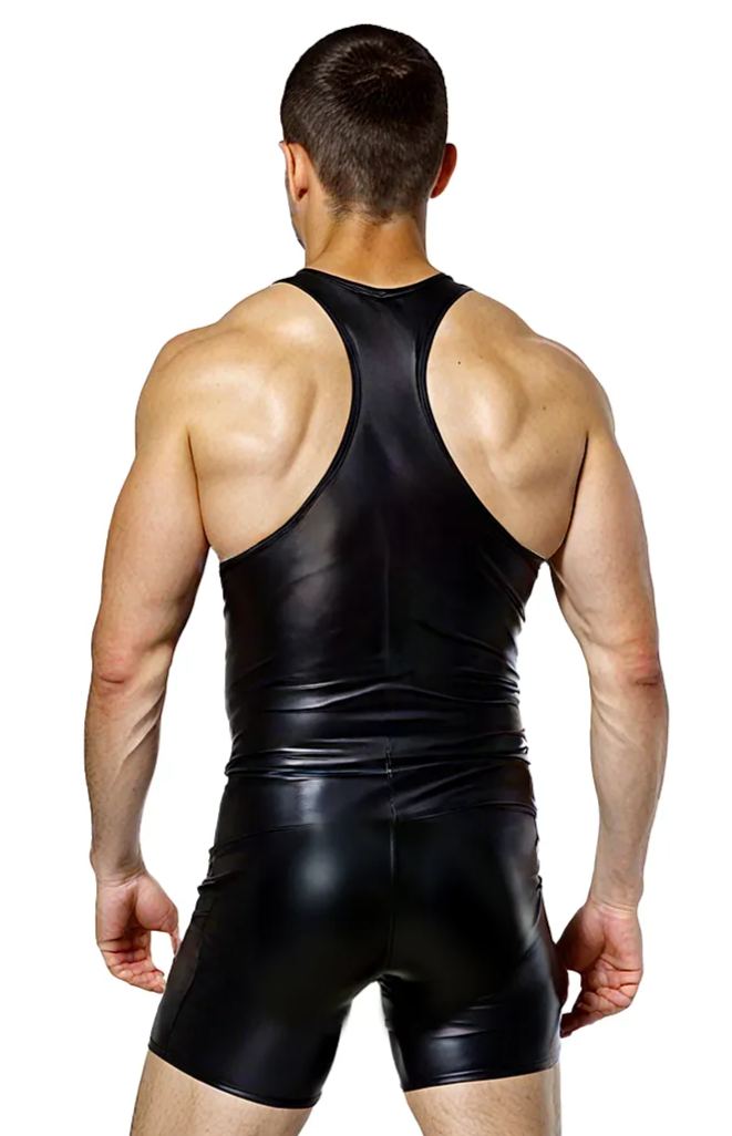 Joyglove Men’s Fetish-Style Black Jumpsuit – Glossy PU Leather with Playful Orange Mesh (Includes Underwear)