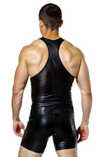 Joyglove Men’s Fetish-Style Black Jumpsuit – Glossy PU Leather with Playful Orange Mesh（Bring underwear）