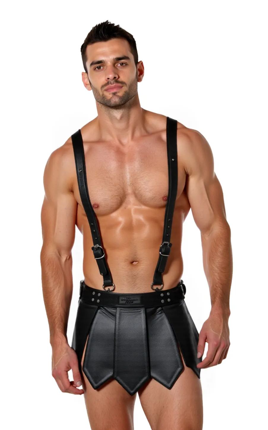 Joyglove Men’s Black PU Leather Gladiator Skirt with Harness Straps – Bold Fetish Costume
