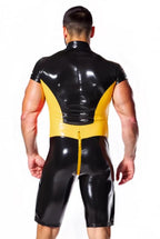 Joyglove Men's Pu Leather Short Bodysuit in Black and Yellow