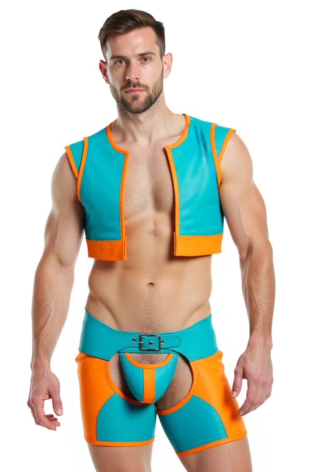 Joyglove Men’s Colorblock PU Leather Cutout Shorts and Cropped Vest Set