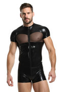 Joyglove Men’s PU Leather and Mesh Bodysuit – Short Sleeve Zipper Design