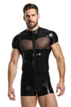 Joyglove Men’s PU Leather and Mesh Bodysuit – Short Sleeve Zipper Design