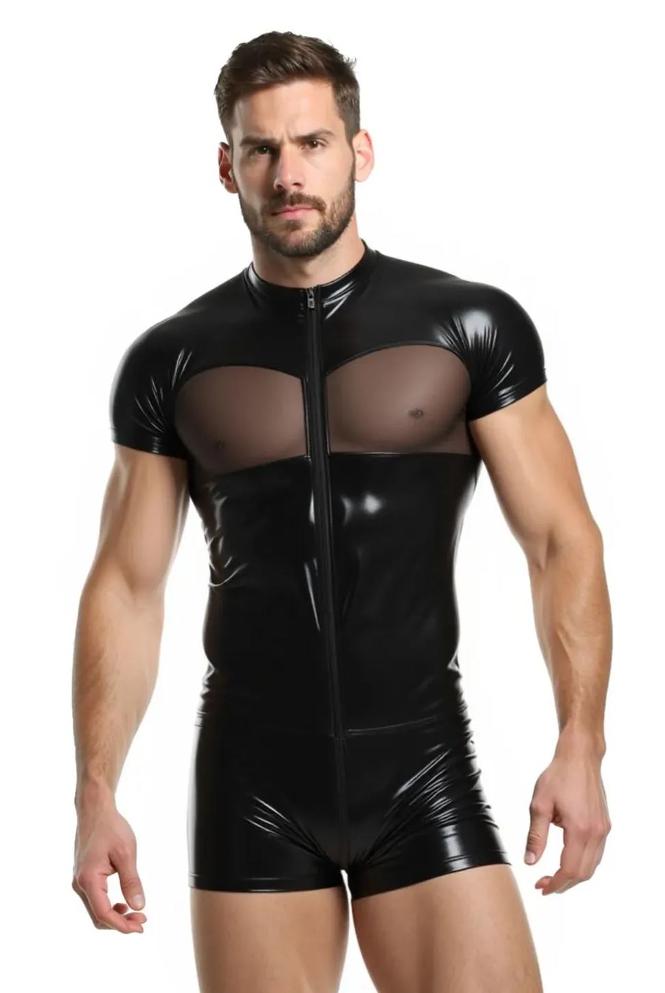 Joyglove Men’s PU Leather and Mesh Bodysuit – Short Sleeve Zipper Design
