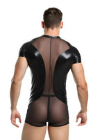 Joyglove Men’s PU Leather and Mesh Bodysuit – Short Sleeve Zipper Design