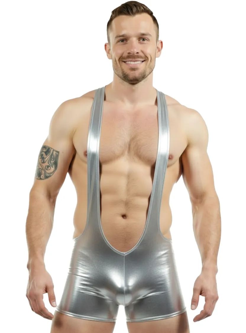 Joyglove Men's Shiny Silver Open-Back Athletic Bodysuit