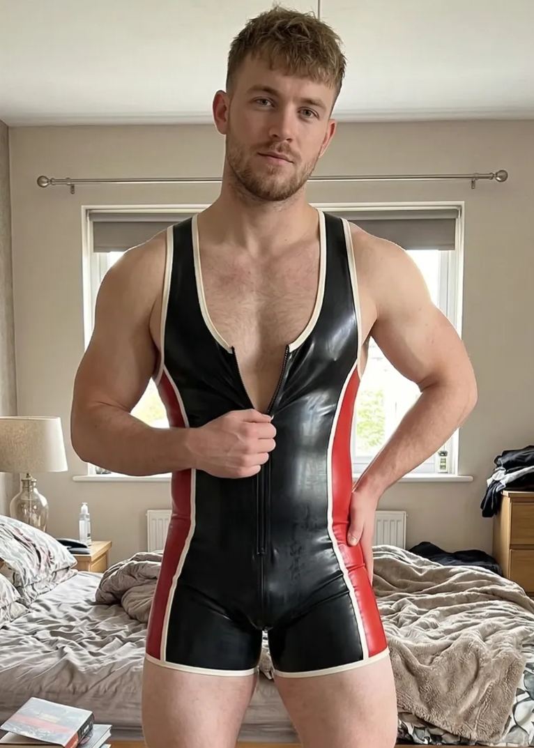 Joyglove Men's Black & Red Wrestling-Style Glossy Patent Leather Bodysuit