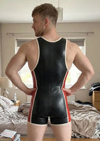 Joyglove Men's Black & Red Wrestling-Style Glossy Patent Leather Bodysuit