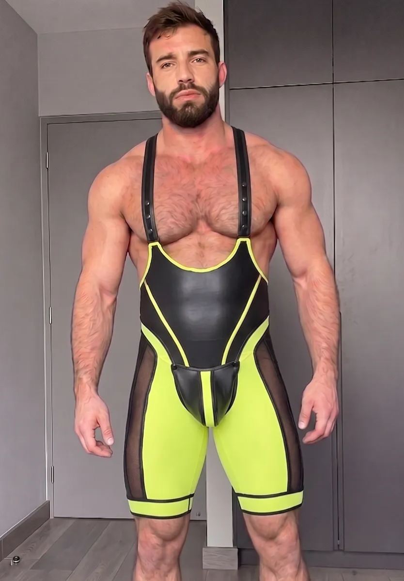 Joyglove PU Leather + Mesh Singlet – Black & Neon Yellow Contrast, Deep U-Neck, Sculpted Fit