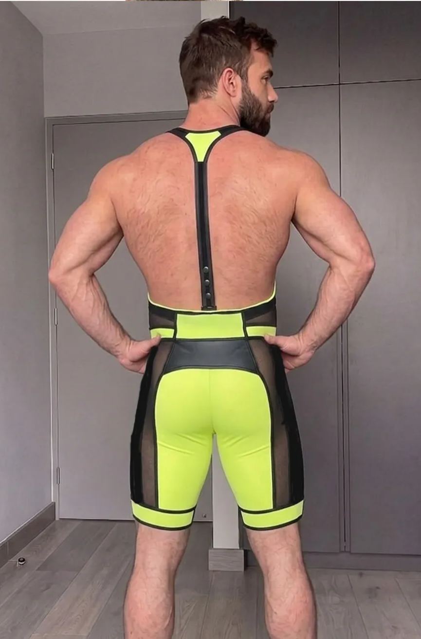 Joyglove PU Leather + Mesh Singlet – Black & Neon Yellow Contrast, Deep U-Neck, Sculpted Fit