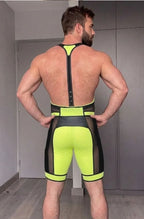 Joyglove PU Leather + Mesh Singlet – Black & Neon Yellow Contrast, Deep U-Neck, Sculpted Fit