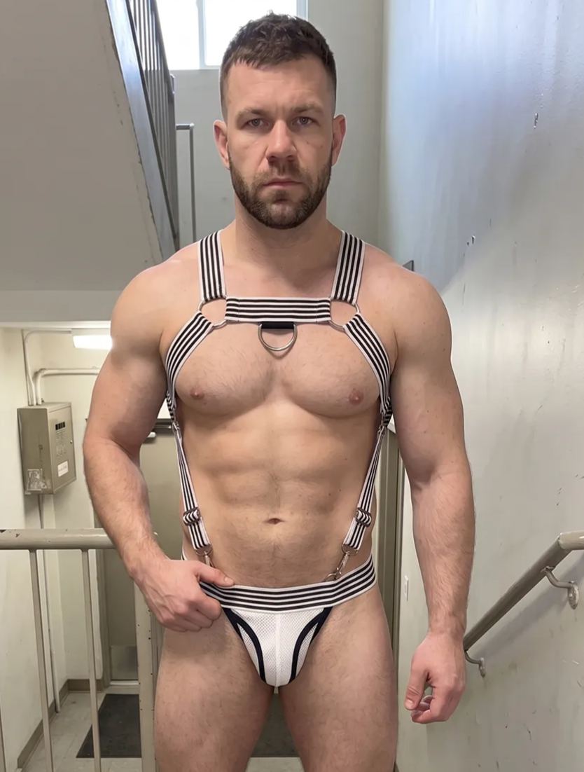Joyglove Black Stripe Suspender Harness Set — Open-Back Jock, Metal Clips, Secure Support