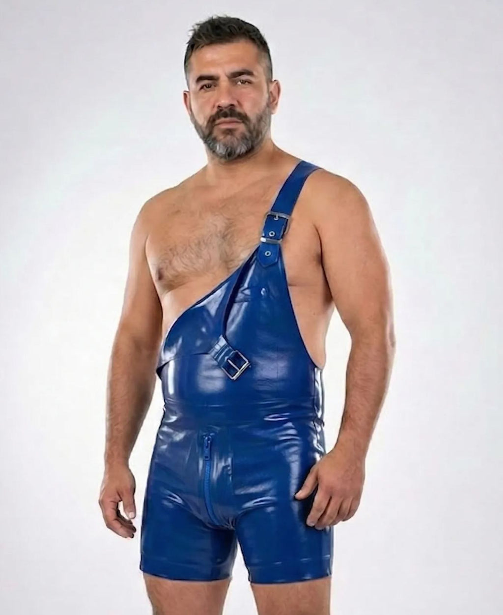 Joyglove Men's Blue Glossy Patent Leather Overalls Bodysuit