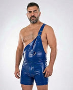 Joyglove Men's Blue Glossy Patent Leather Overalls Bodysuit