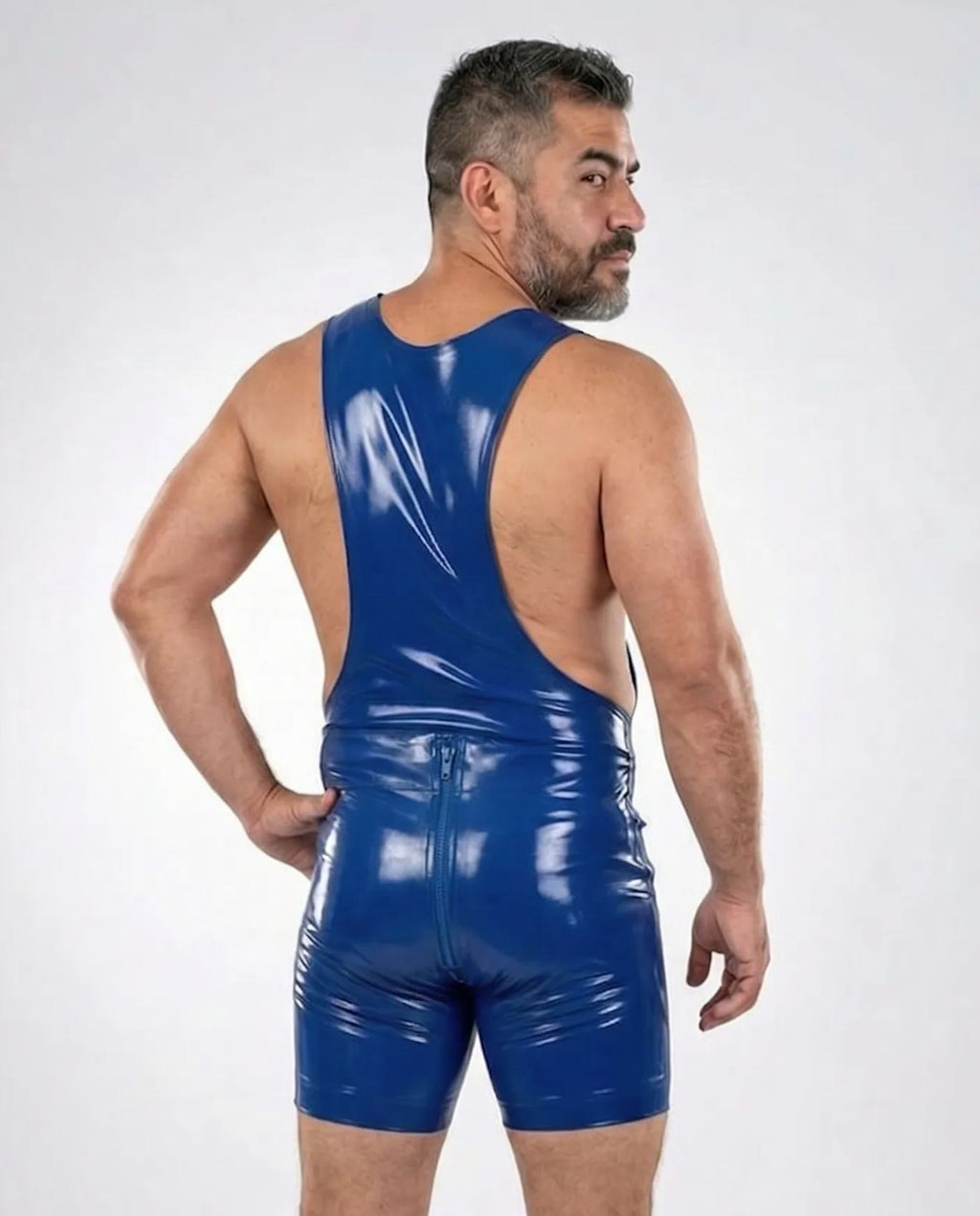 Joyglove Men's Blue Glossy Patent Leather Overalls Bodysuit