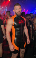 Joyglove Men's Black and Orange PU Leather Bodysuit with Zipper