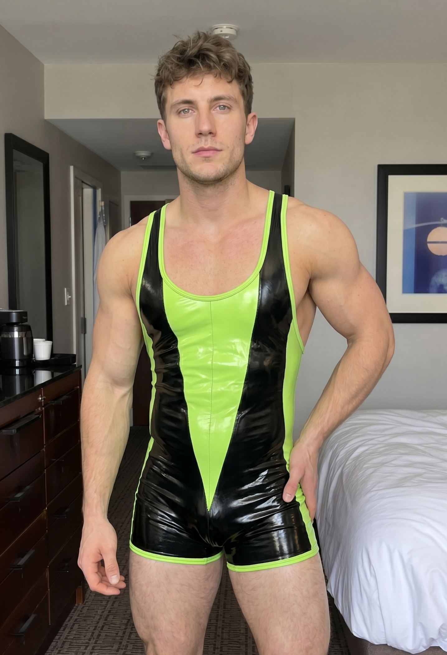 Joyglove Men's PU Leather Look Color Block Wrestling Singlet Sleeveless Short Bodysuit in Black and Neon Green
