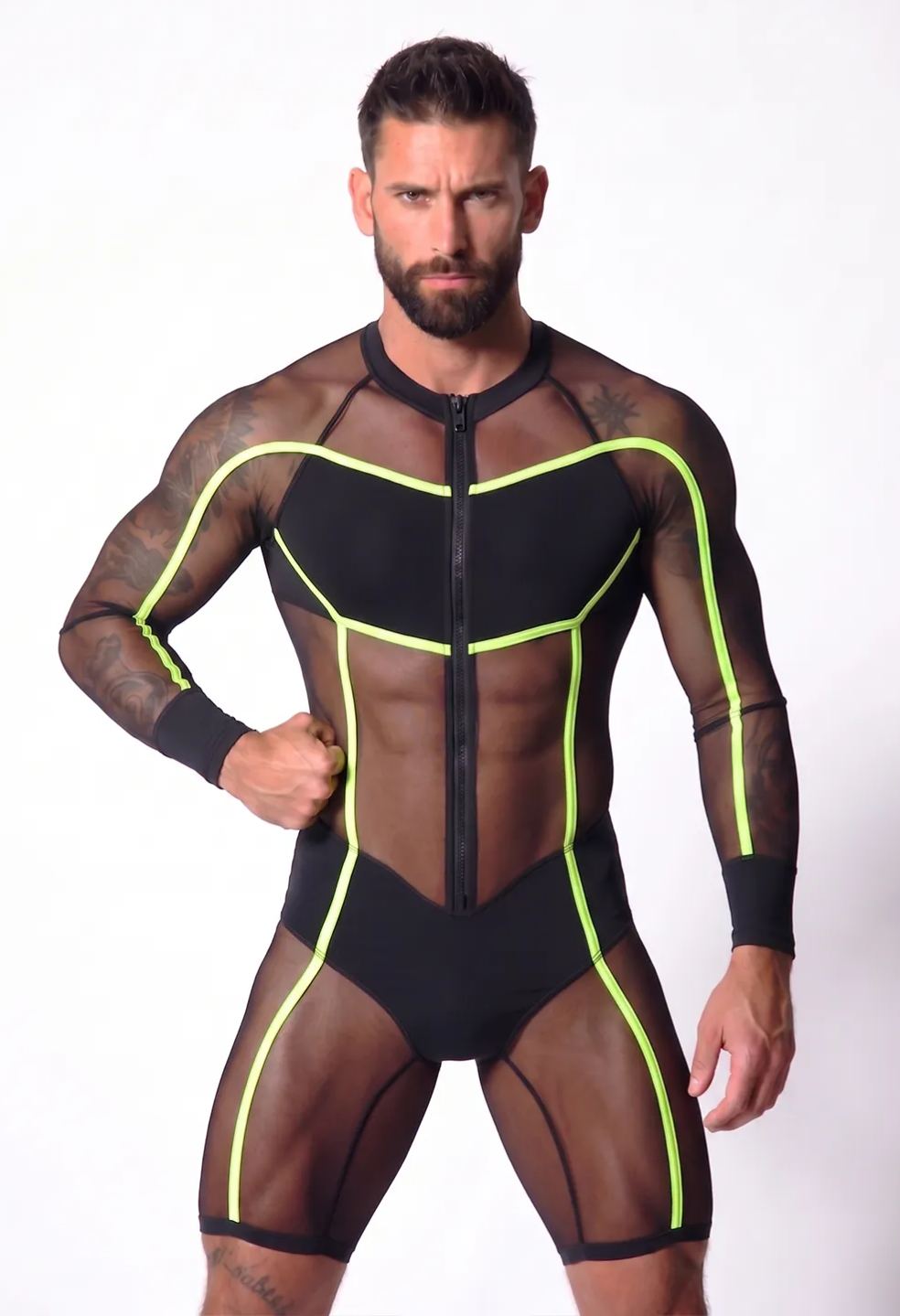 Joyglove Sheer Mesh Catsuit — Neon Green Trim, Long Sleeves, Front Zip