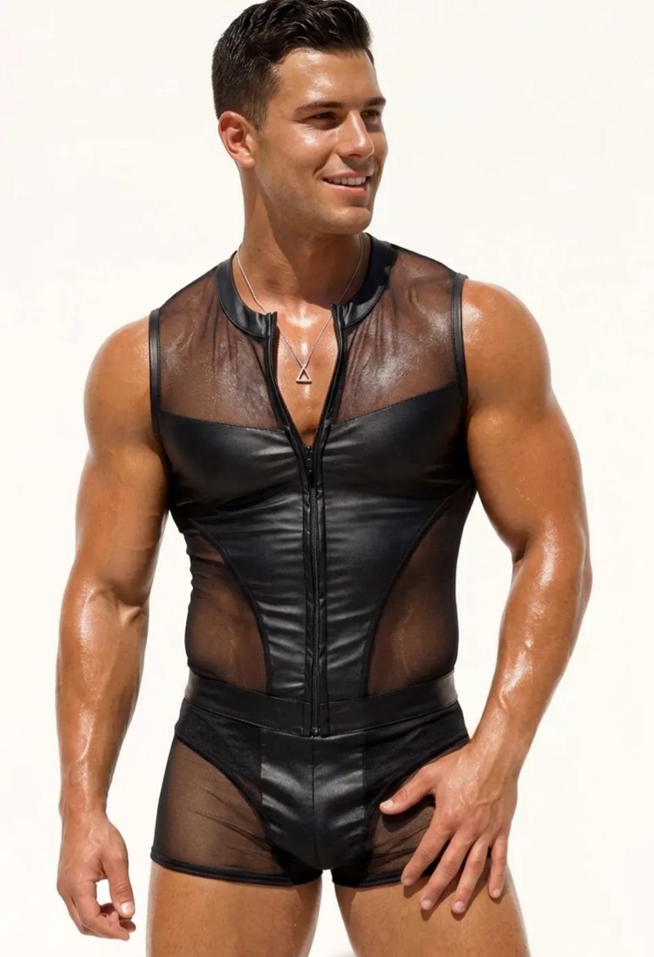 Joyglove Black Sheer Mesh Bodysuit — Sleeveless Zip-Front One-Piece