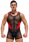 Joyglove Red & Black Sheer Mesh Bodysuit — Zip-Front Sleeveless One-Piece, Sculpted Contrast Panels