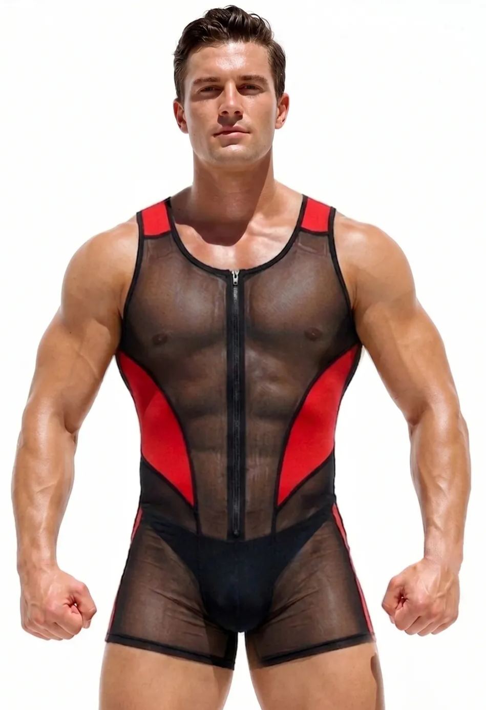 Joyglove Red & Black Sheer Mesh Bodysuit — Zip-Front Sleeveless One-Piece, Sculpted Contrast Panels