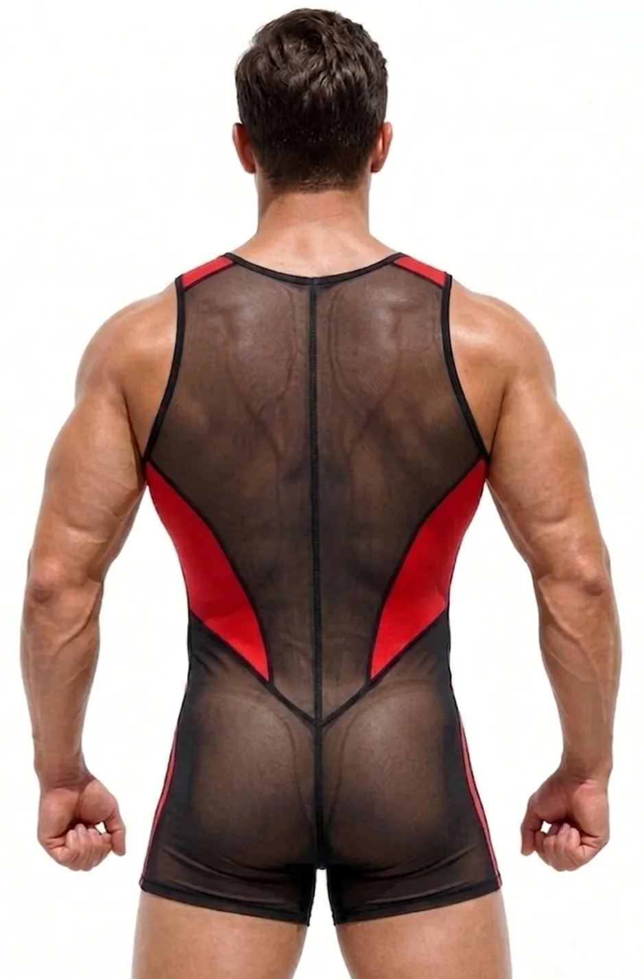 Joyglove Red & Black Sheer Mesh Bodysuit — Zip-Front Sleeveless One-Piece, Sculpted Contrast Panels