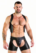 Joyglove Men’s PU Leather Harness & Jock Shorts Set — Open-Chest Vest + Buckle Pouch Brief