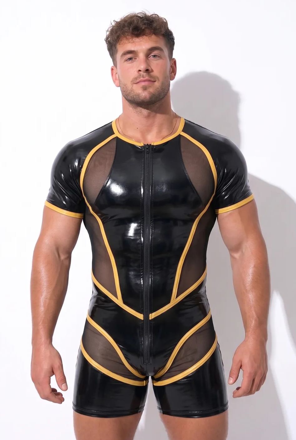 Joyglove Black Wet-Look Mesh Bodysuit — Yellow Trim, Front Zip, Diamond Back Panel