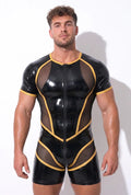 Joyglove Black Wet-Look Mesh Bodysuit — Yellow Trim, Front Zip, Diamond Back Panel