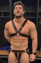 Joyglove PU Leather Black & Orange Harness + Jockstrap Set – Ring-Detail, Bold Contrast
