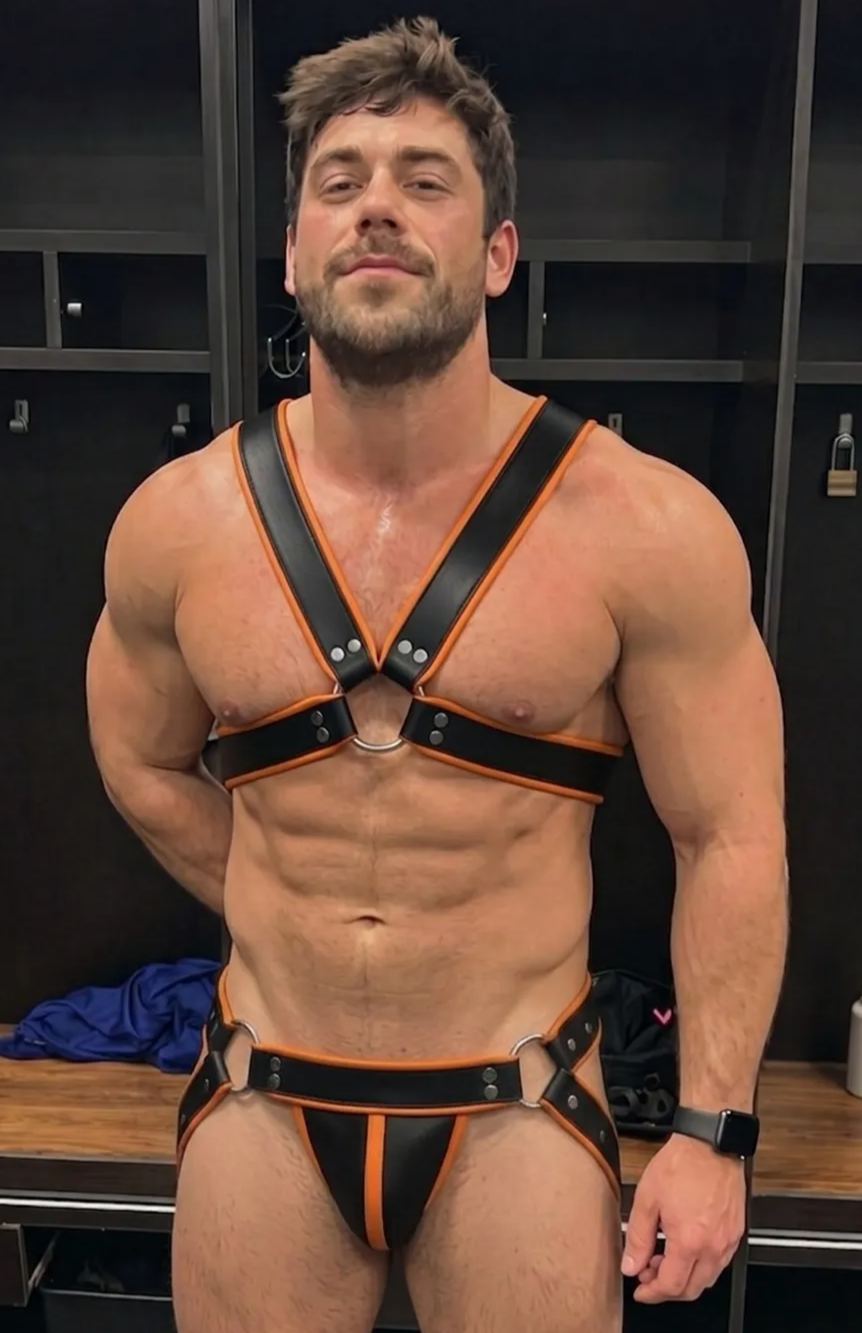 Joyglove PU Leather Black & Orange Harness + Jockstrap Set – Ring-Detail, Bold Contrast