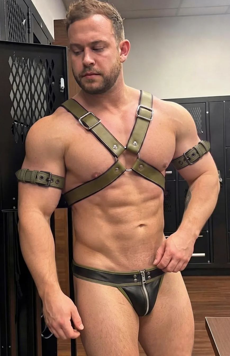 Joyglove Army Green PU Leather X‑Back Harness & Zipper Pouch Brief Set