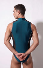 Joyglove Teal Mesh‑Panel Zip‑Front Bodysuit Singlet (Sleeveless)