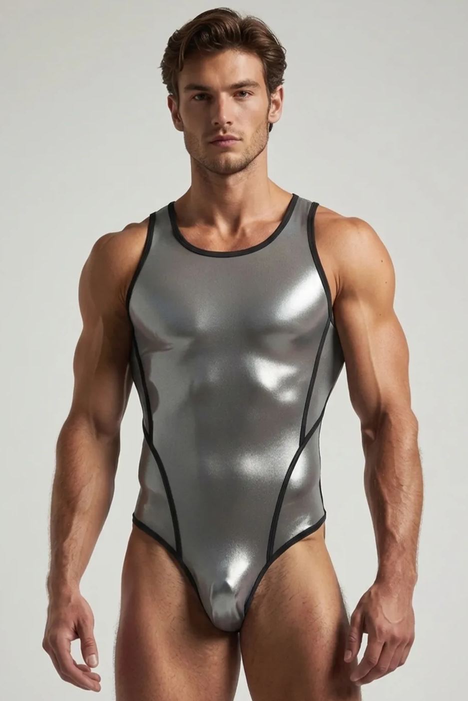 Joyglove Metallic Silver Bodysuit Leotard with Black Contrast Trim