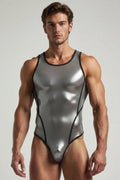Joyglove Metallic Silver Bodysuit Leotard with Black Contrast Trim