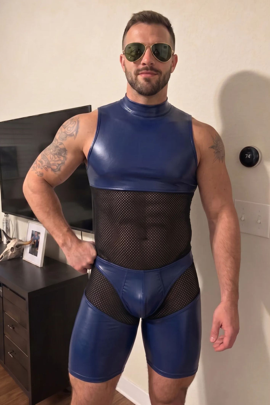 Joyglove Blue PU Leather & Mesh One-Piece Bodysuit, High Neck with Full Back Zipper